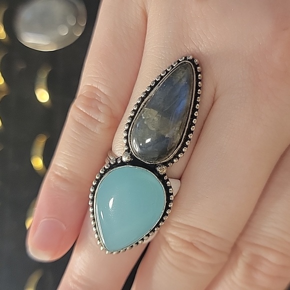 Labradorite blue crystal sterling silver ring 6.5